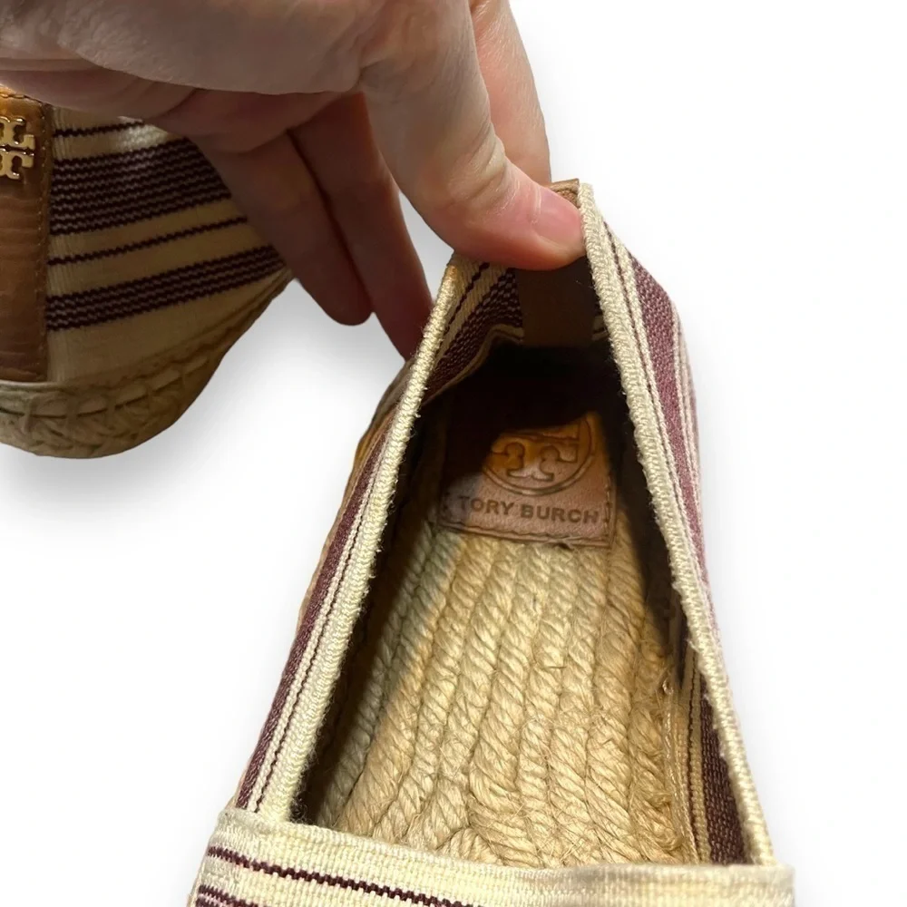 Tory Burch Awning Ivory Royal Tan Plum Espadrille Women's Size 8.5